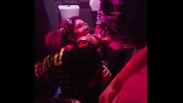 Amateur – 3 Girls giving blowjobs in a club bathroom in 3 Boys PV