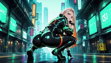 Neon Rain Night! Blonde Agent in Wet Leather Crouching Low, Holographic Glow &amp_ Cold Glances. Can You Handle This Cyberpunk Fantasy?