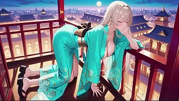 Blonde in Green Kimono on Terrace