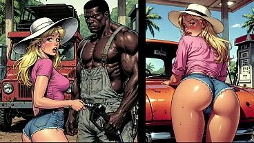 Cartoon BBC Cuckold: White Wife at Jungle Gas Station